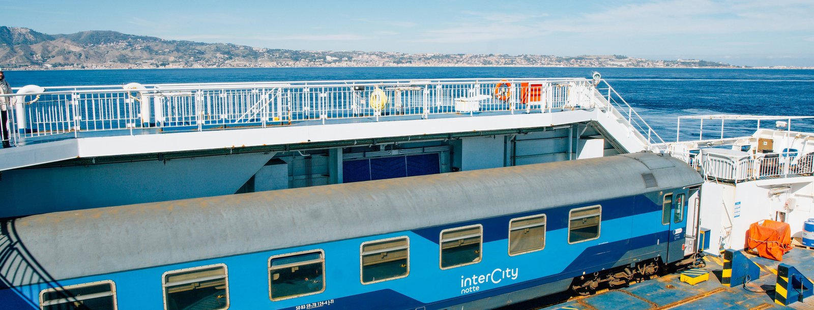 Intercity Notte sleeper carriage aboard the train ferry crossing the Strait of Messina