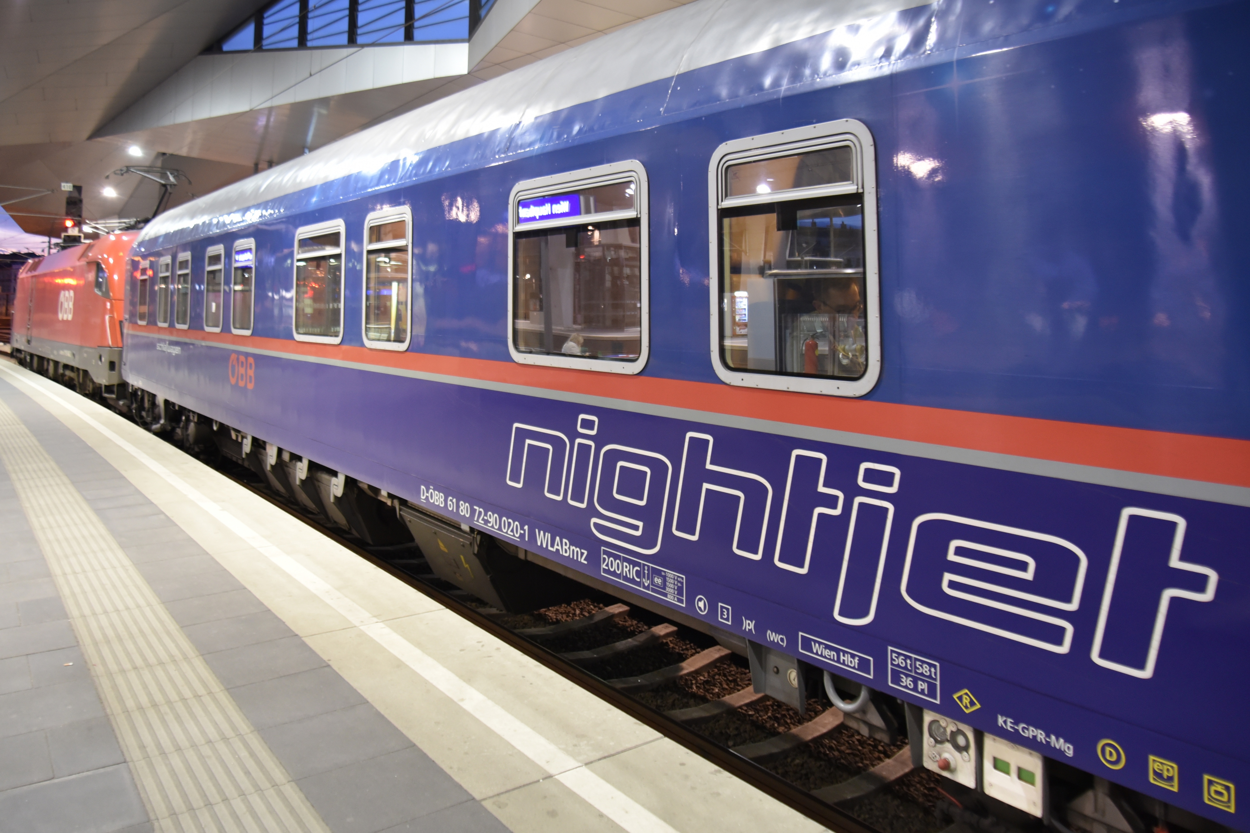 Nightjet sleeper train at Wien Hauptbahnhof